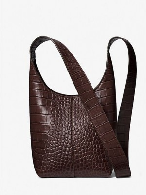 Bolso Hobo Michael Kors Dede Mini Crocodile Embossed Cuero Mujer Chocolate | 91706IQDB