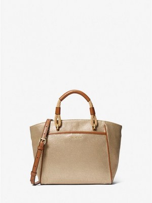 Bolso Tote Michael Kors Talia Small Metallic Algodon Lona Mujer Doradas | 31785ZMDU