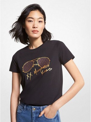 Camiseta Michael Kors Logo Aviator Print Organic Algodon Mujer Negras | 25394FGAY