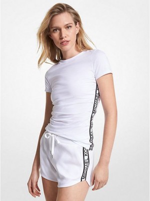 Camiseta Michael Kors Logo Tape Organic Algodon Ruched Mujer Blancas | 92807ZBLW