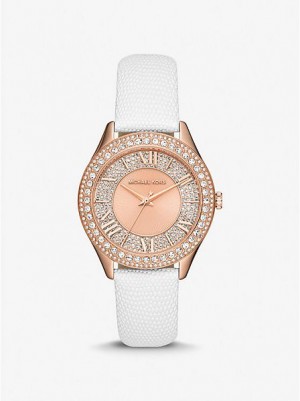 Relojes Michael Kors Harlowe Pave And Lizard Embossed Cuero Correa Mujer Rosas Doradas | 39512AUXN