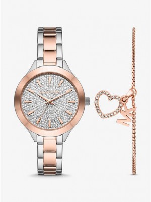 Relojes Michael Kors Pave And Heart Bracelet Set Mujer Plateadas Rosas | 75693PUOT