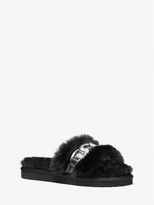 Sandalias Deslizantes Michael Kors Scarlett Chain Link Faux Fur Mujer Negras | 09436PTUI