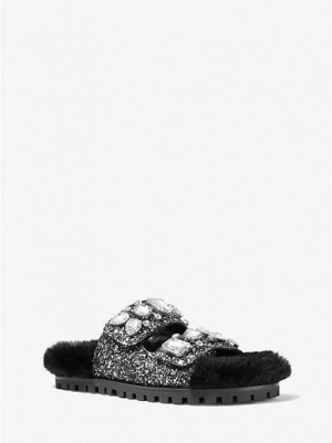 Sandalias Deslizantes Michael Kors Stark Embellished Glitter And Faux Fur Mujer Negras Plateadas | 01562UTAM