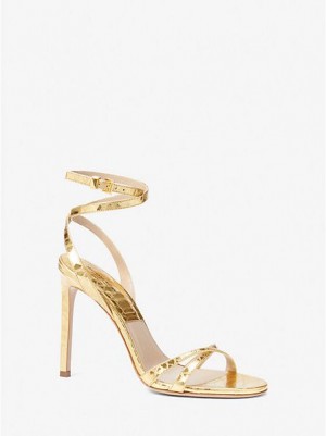 Sandalias Michael Kors Chrissy Metallic Python Embossed Cuero Mujer Doradas | 07256FQZU