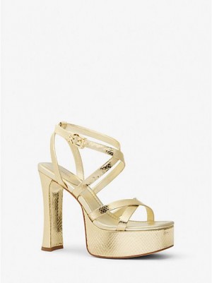 Sandalias Plataforma Michael Kors Paola Metallic Snake Embossed Cuero Mujer Doradas | 17840BQTR