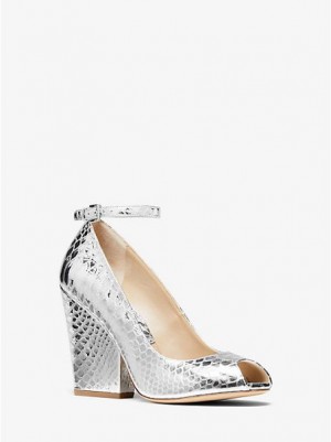 Tacones Michael Kors Julianne Metallic Python-embossed Cuero Peep-toe Mujer Plateadas | 27518YQZC