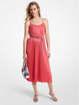 Vestido Michael Kors Plisado Satin Belted Slip Mujer Rosas | 76294ZVLQ