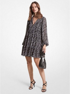 Vestido Michael Kors Status Print Georgette Babydoll Mujer Negras | 25693JFKU