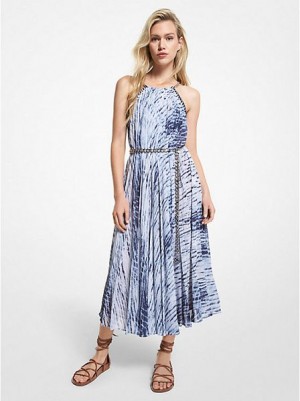 Vestido Michael Kors Tie Dye Georgette Halter Mujer Azul Marino Blancas | 41709ZKQI