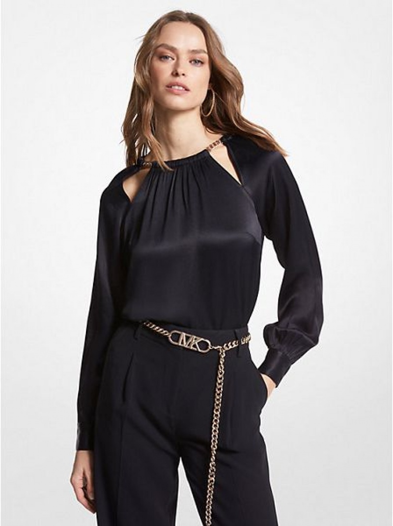 Blusas Michael Kors Chain-link Cutout Charmeuse Mujer Negras | 12780YDCK