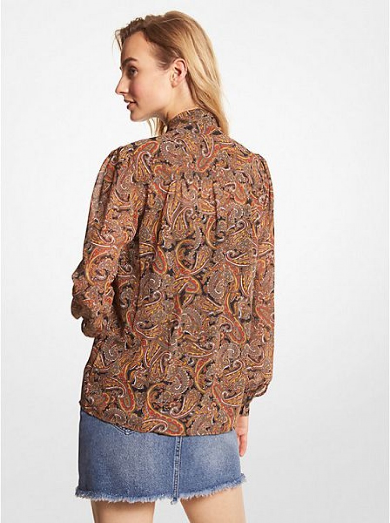 Blusas Michael Kors Paisley Georgette Tie-neck Mujer Multicolor | 43196CGUK