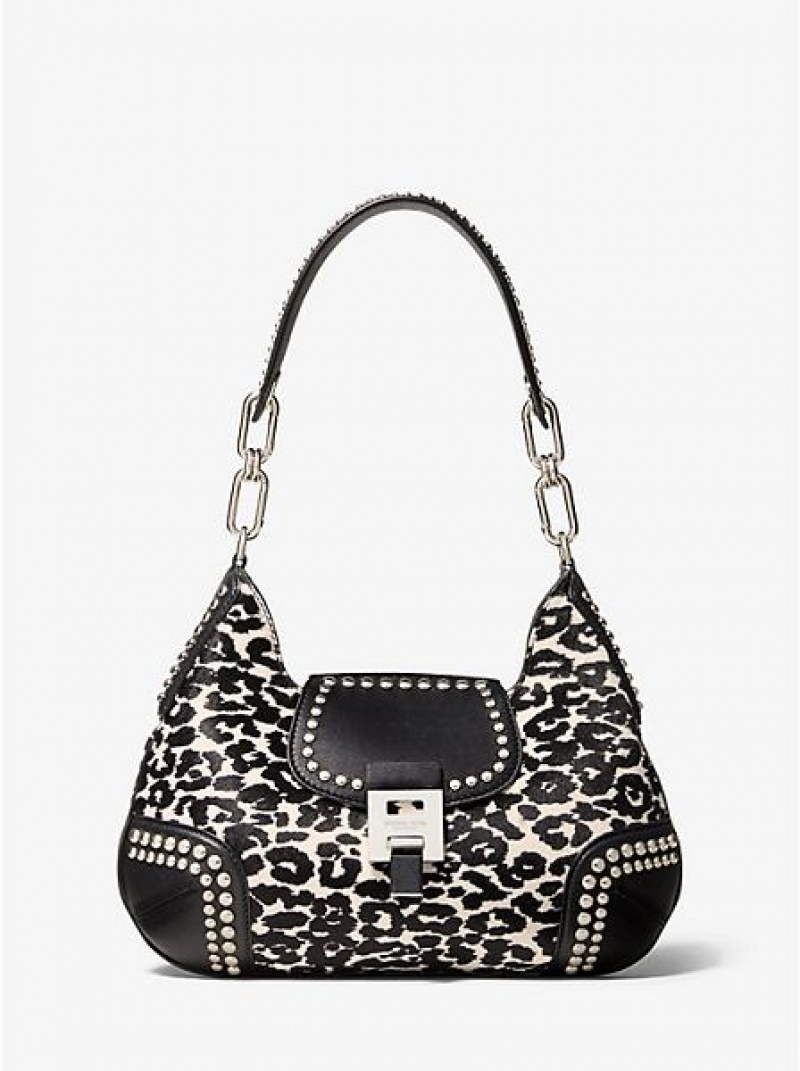 Bolsa De Hombro Michael Kors Bancroft Medium Leopard Calf Hair And Studded Cuero Mujer Blancas | 62039KWLO