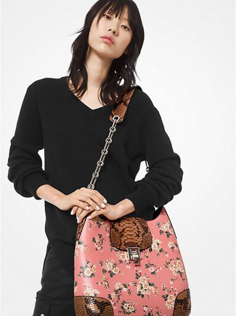 Bolsa De Hombro Michael Kors Bancroft Oversized Floral Calf Cuero And Python Mujer Rosas Marrones | 86415WVCD