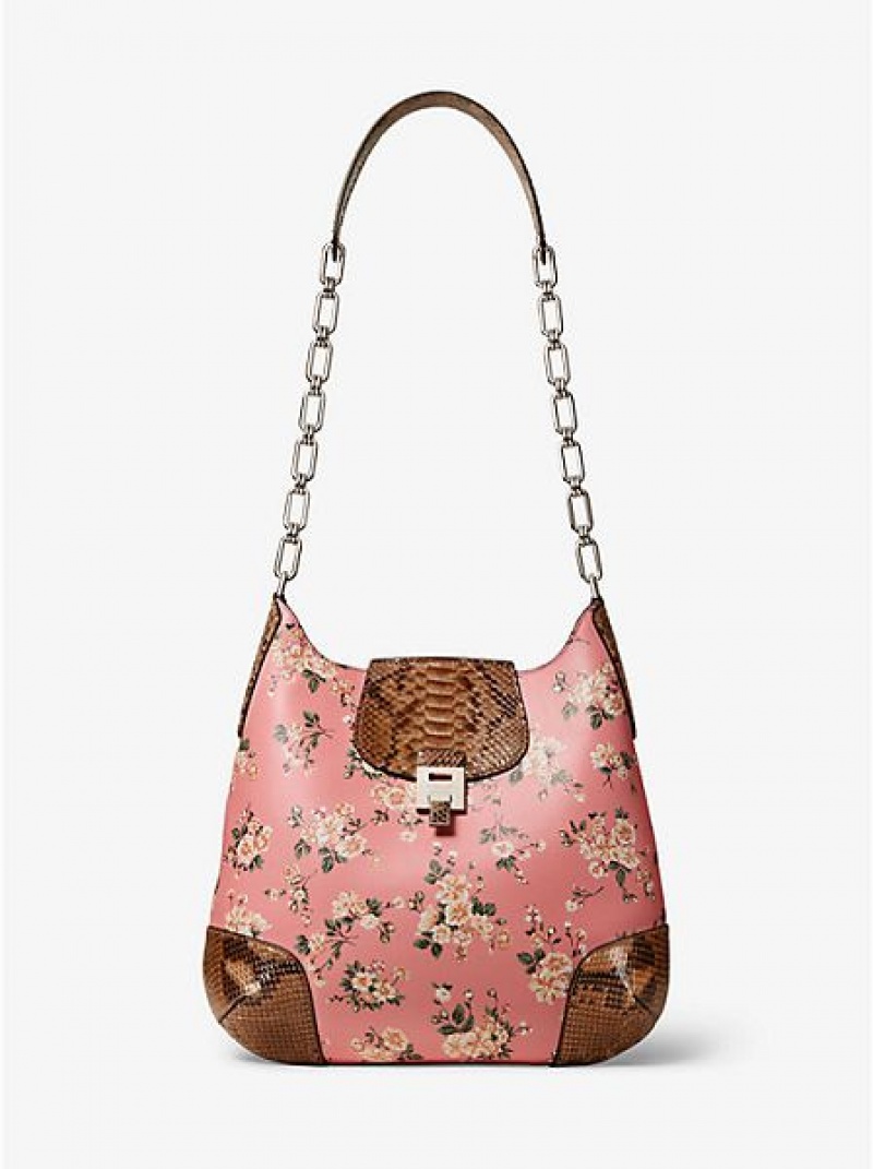 Bolsa De Hombro Michael Kors Bancroft Oversized Floral Calf Cuero And Python Mujer Rosas Marrones | 86415WVCD