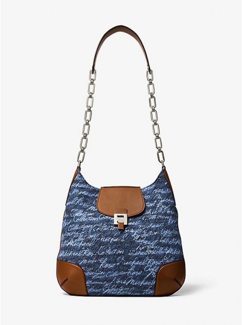 Bolsa De Hombro Michael Kors Bancroft Oversized Signature Print Denim Mujer Azules | 25719TNJB