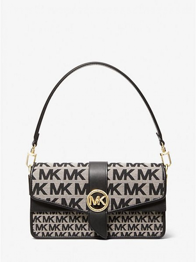 Bolsa De Hombro Michael Kors Greenwich Medium Logo Jacquard Mujer Beige Negras | 08546VESR