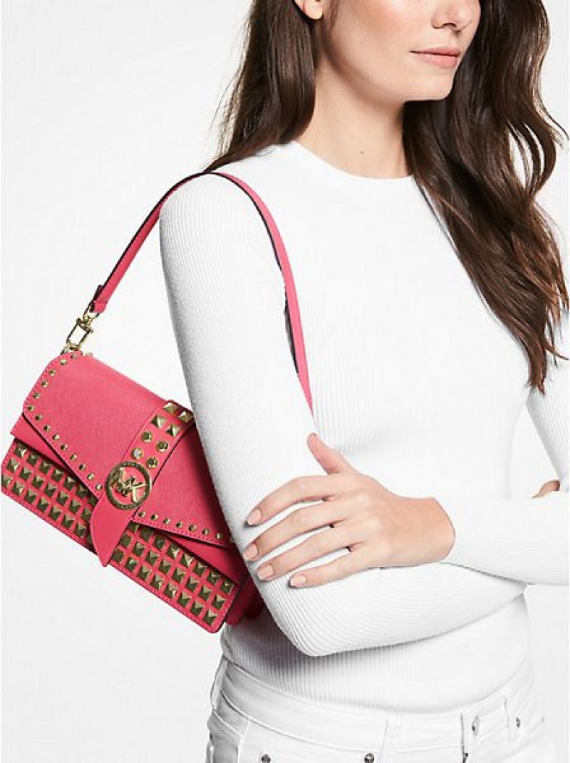 Bolsa De Hombro Michael Kors Greenwich Medium Studded Saffiano Cuero Mujer Rojas | 89701QRUI