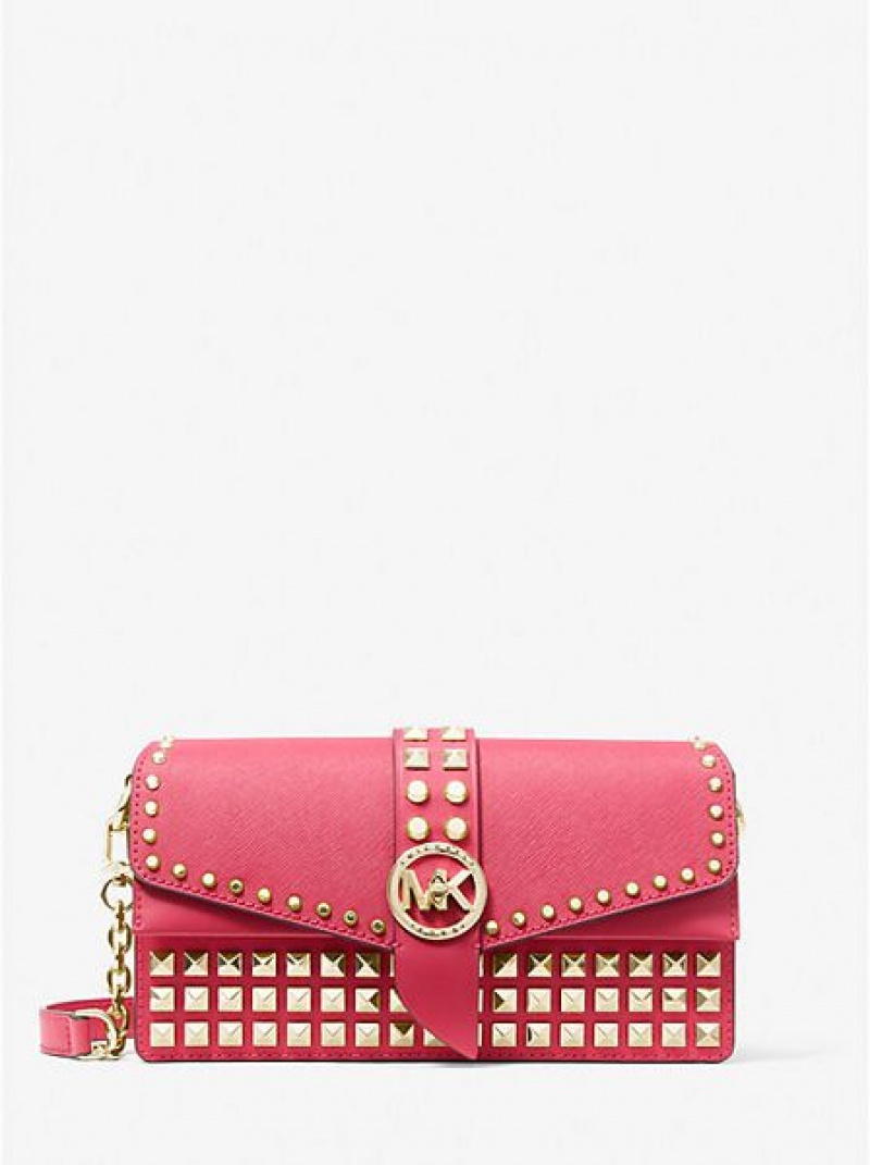 Bolsa De Hombro Michael Kors Greenwich Medium Studded Saffiano Cuero Mujer Rojas | 89701QRUI