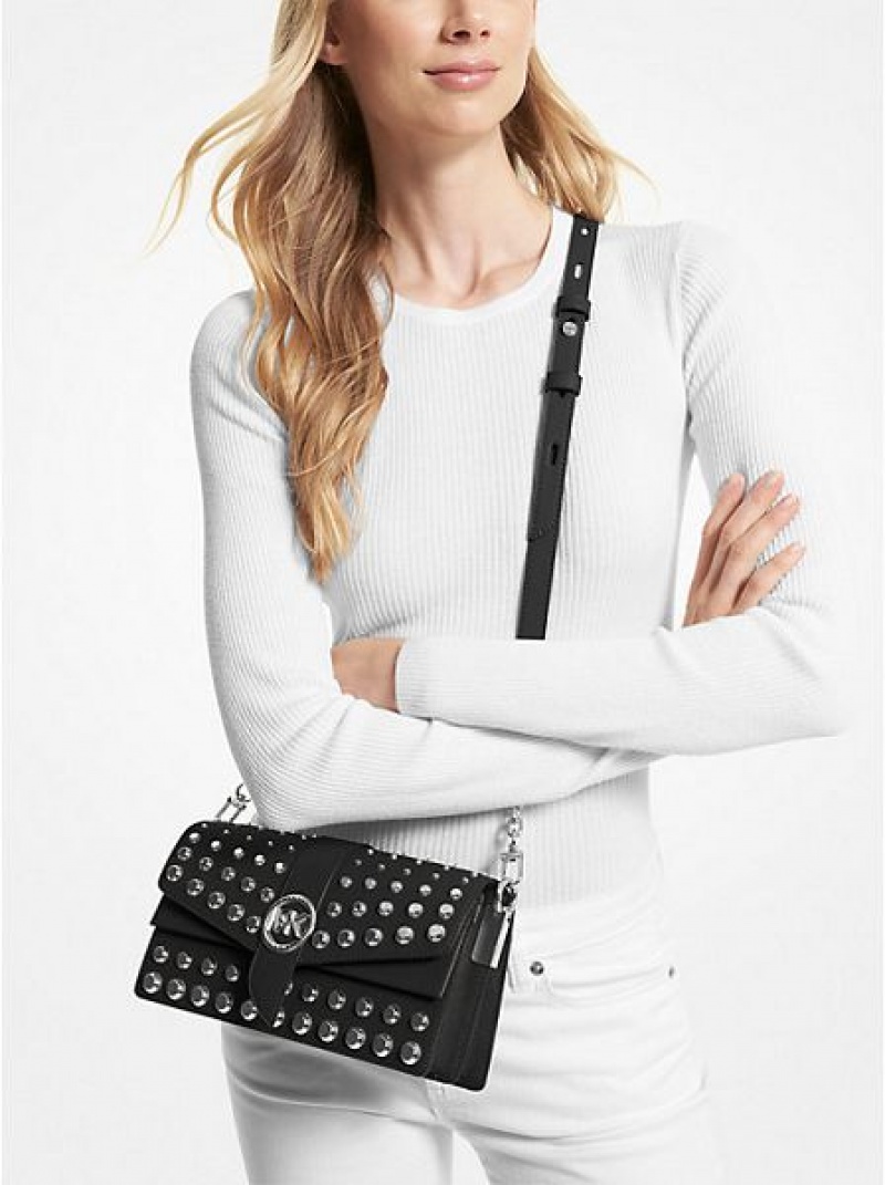 Bolsa De Hombro Michael Kors Greenwich Medium Studded Saffiano Cuero Mujer Negras | 67928RKOX