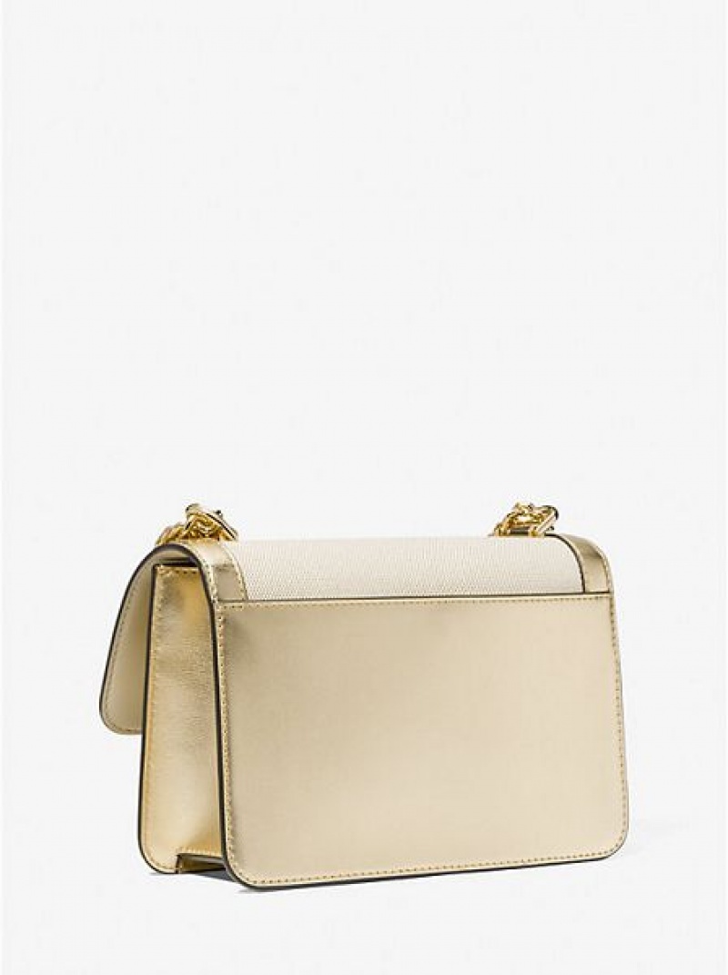 Bolsa De Hombro Michael Kors Heather Large Lona And Metallic Faux Cuero Mujer Doradas Beige | 89362XZPK