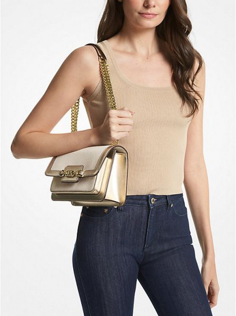 Bolsa De Hombro Michael Kors Heather Large Lona And Metallic Faux Cuero Mujer Doradas Beige | 89362XZPK