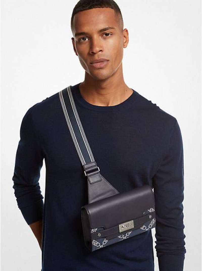 Bolsa De Hombro Michael Kors Hudson Empire Logo Jacquard And Cuero Hombre Azul Marino | 97352WBHV