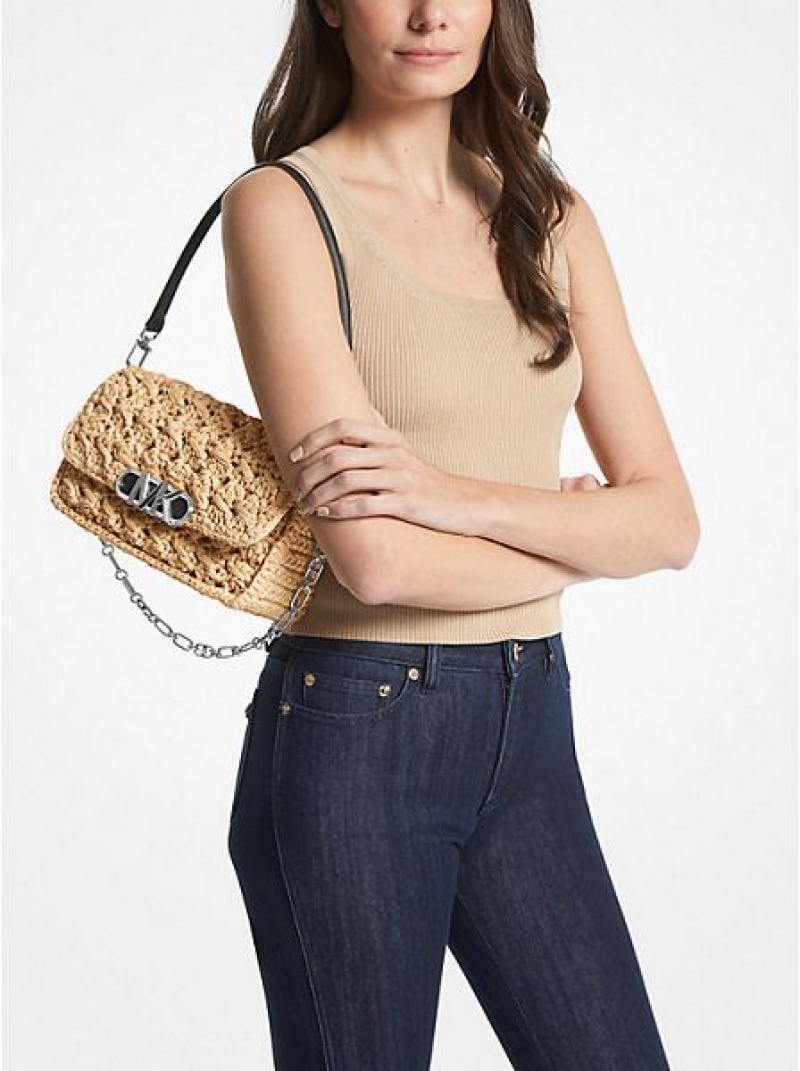 Bolsa De Hombro Michael Kors Parker Medium Woven Straw Mujer Beige Negras | 84257OABV