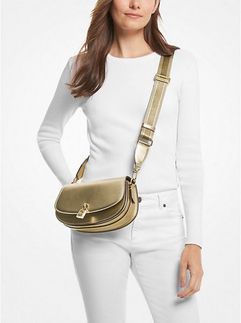 Bolsa De Mensajero Michael Kors Mila Medium Metallic Cuero Mujer Doradas | 20948YOLV