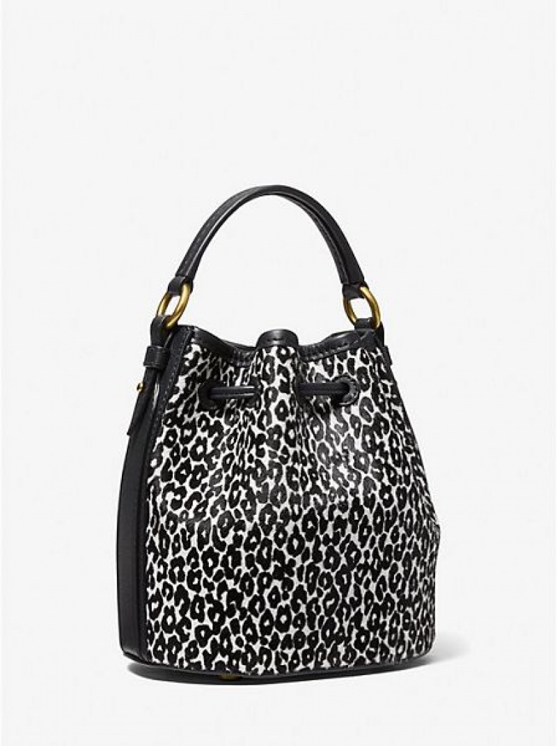 Bolso Saco Michael Kors Monogramme Small Leopard Print Calf Hair Mujer Negras Blancas | 42765DSRP