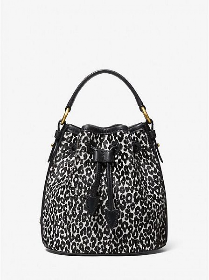 Bolso Saco Michael Kors Monogramme Small Leopard Print Calf Hair Mujer Negras Blancas | 53972EHRA