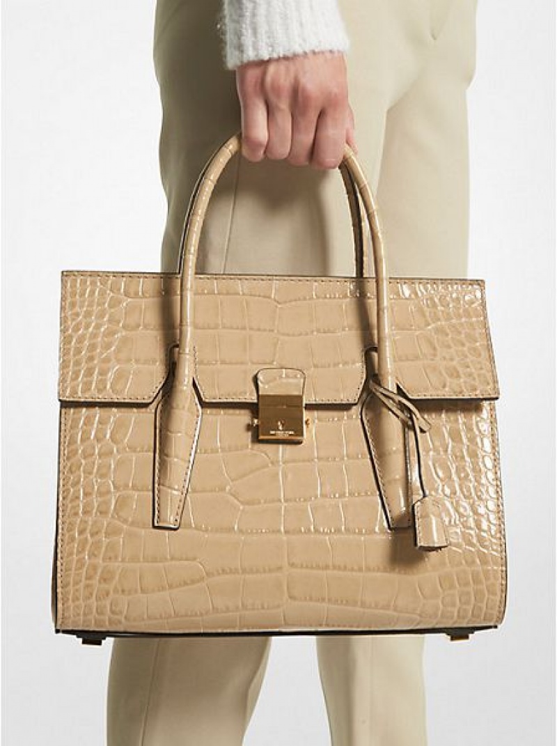 Bolso Satchel Michael Kors Campbell Medium Crocodile Embossed Cuero Mujer Kaki | 63781MCKP