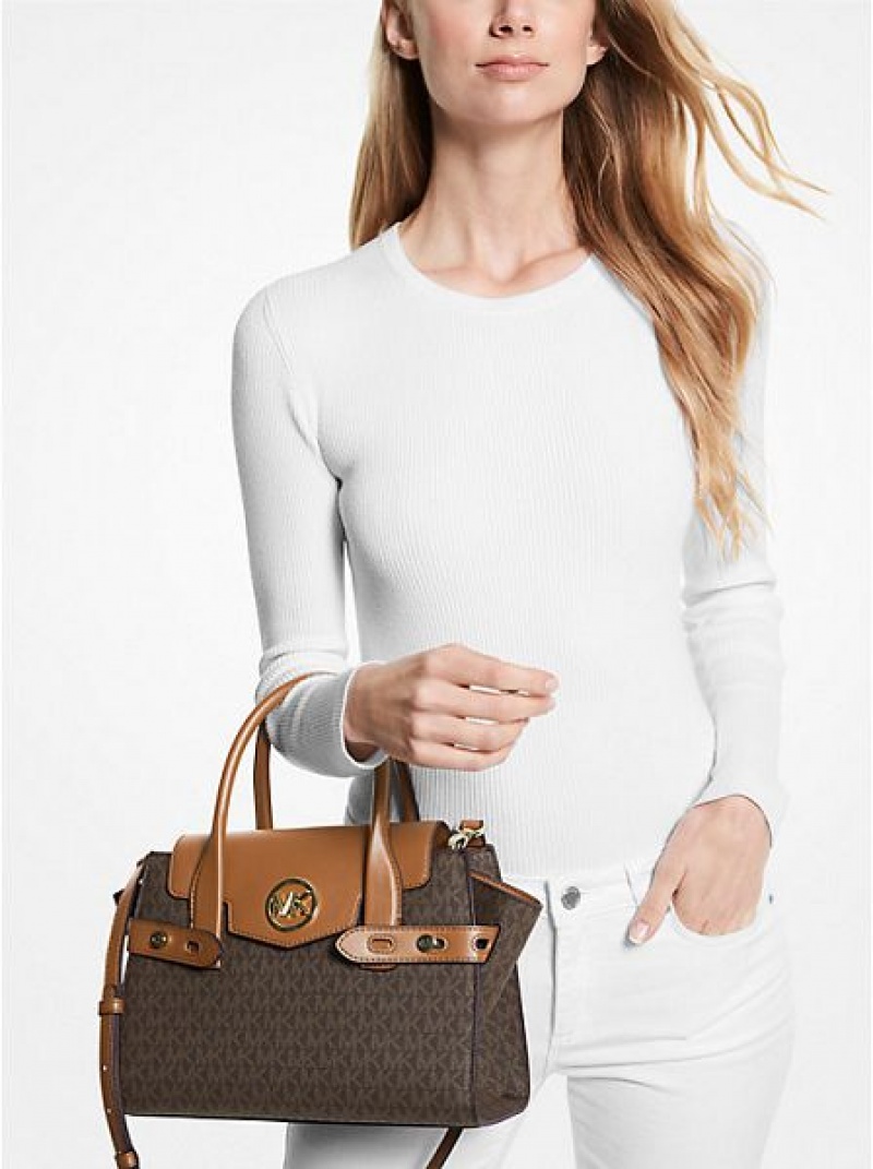 Bolso Satchel Michael Kors Carmen Medium Logo And Faux Cuero Belted Mujer Marrones | 75816QLKM