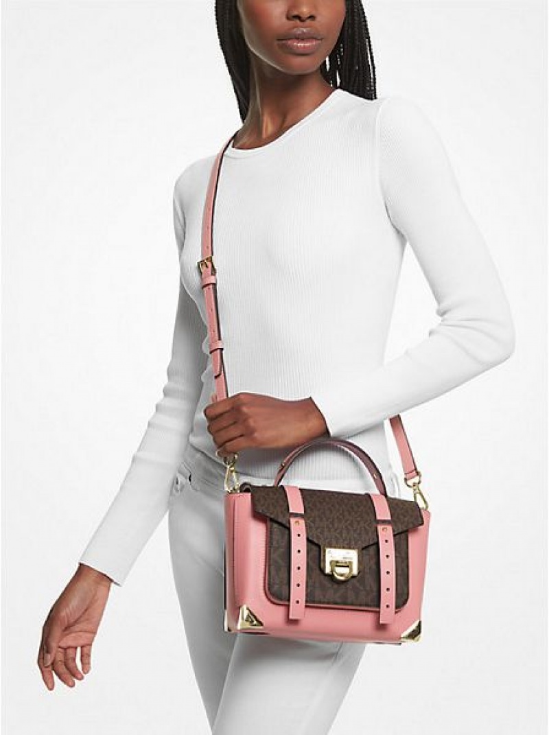 Bolso Satchel Michael Kors Manhattan Medium Cuero And Logo Mujer Rosas | 15649TXQY