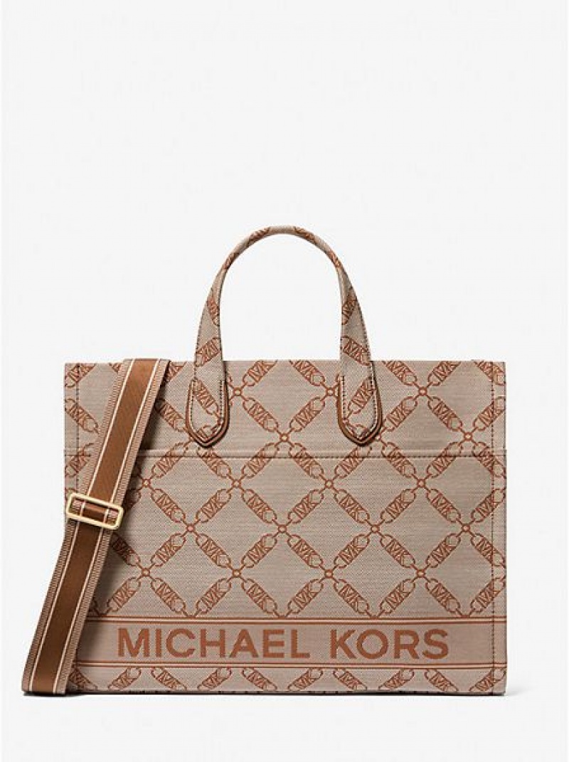 Bolso Tote Michael Kors Gigi Large Empire Logo Jacquard Mujer Beige | 59072ASUO