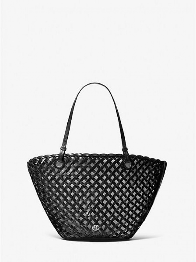 Bolso Tote Michael Kors Isabella Medium Hand-woven Cuero Mujer Negras | 56218ZRYP