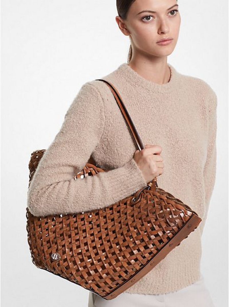 Bolso Tote Michael Kors Isabella Medium Hand-woven Cuero Mujer Marrones | 61035NJMQ