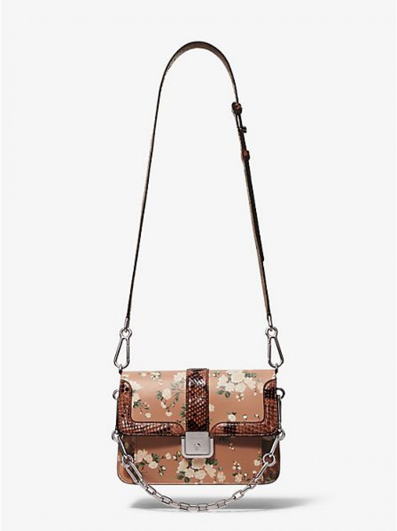 Bolsos Cruzados Michael Kors Crawford Floral Calf Cuero And Python Mujer Marrones | 52367KXPV