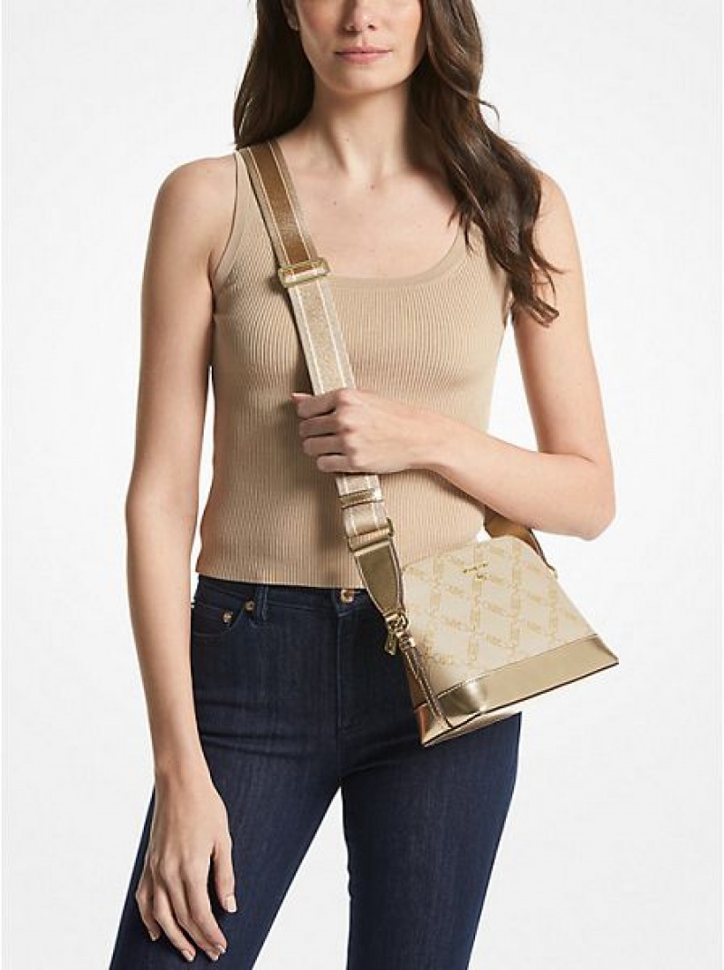 Bolsos Cruzados Michael Kors Jet Set Large Metallic Empire Logo Jacquard Dome Mujer Doradas Beige | 86973UTBW