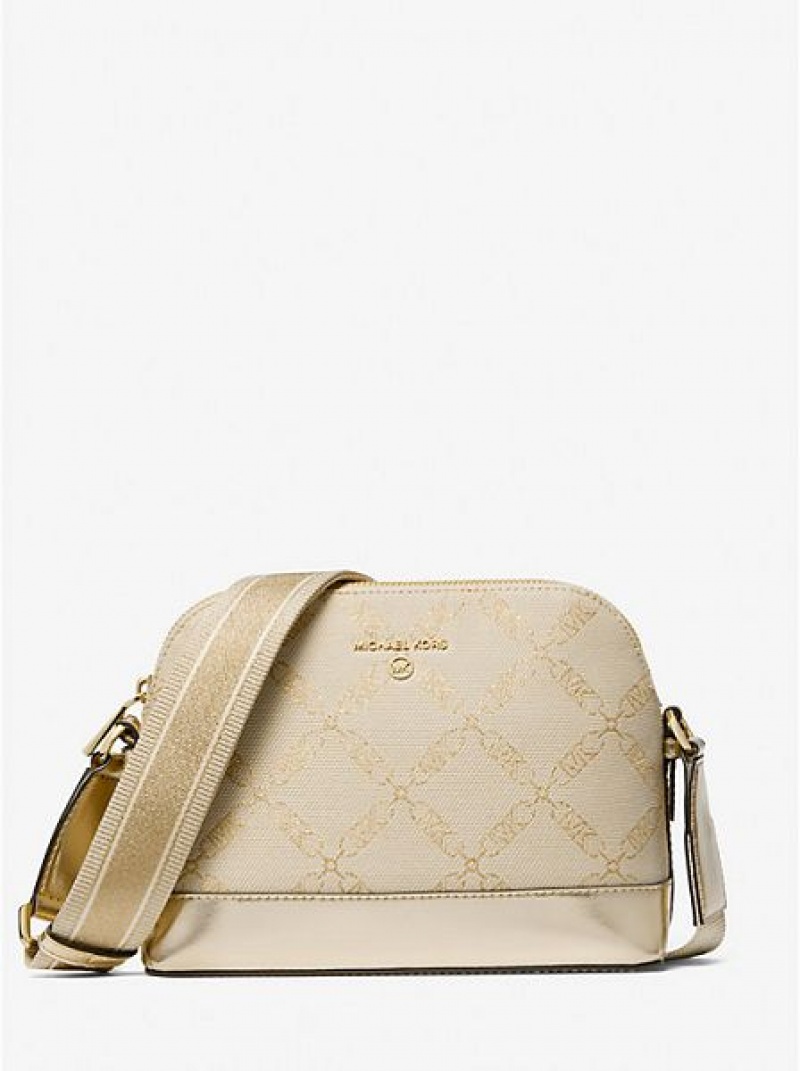 Bolsos Cruzados Michael Kors Jet Set Large Metallic Empire Logo Jacquard Dome Mujer Doradas Beige | 86973UTBW