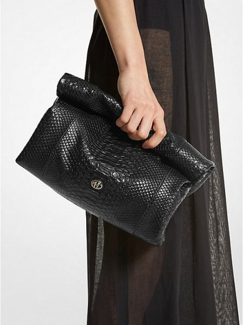 Bolsos De Mano Michael Kors Monogramme Python Embossed Cuero Lunch Box Mujer Negras | 73952YEOW