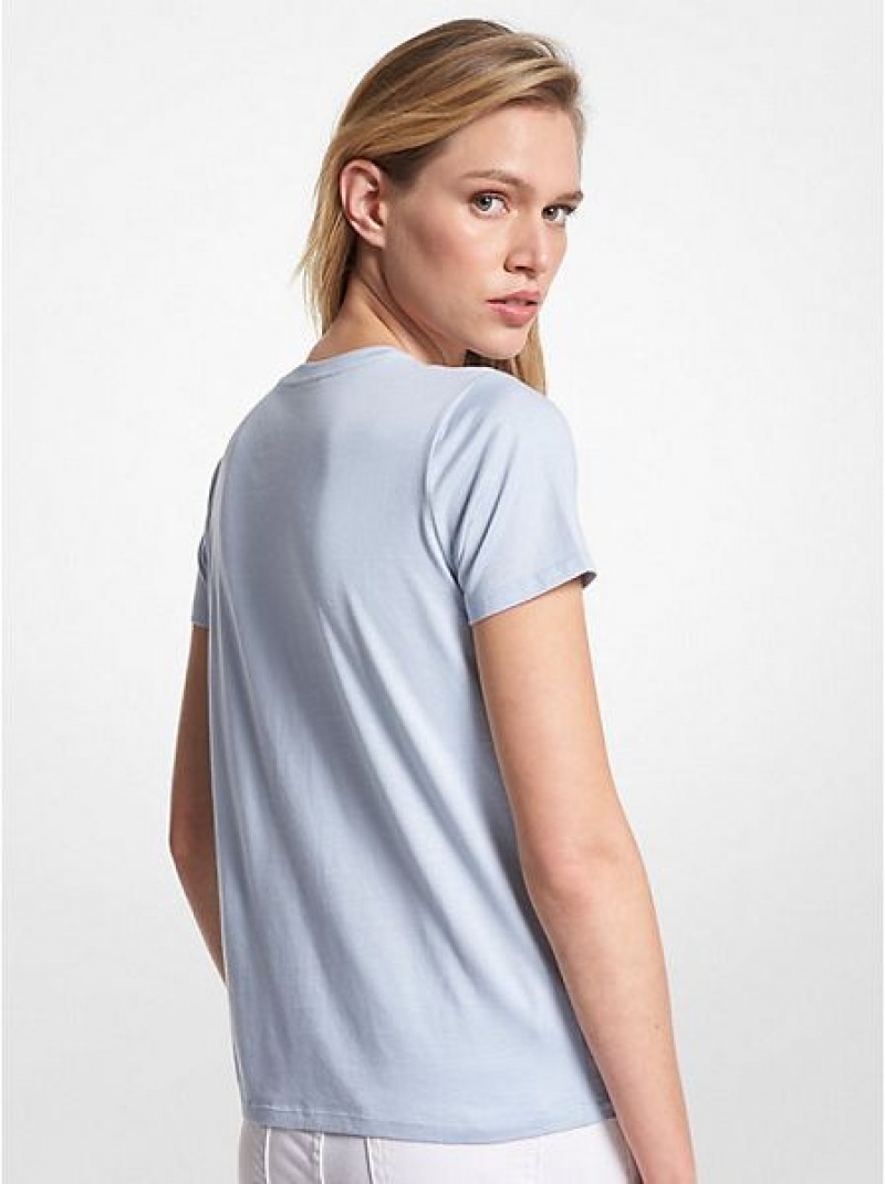 Camiseta Michael Kors Metallic Logo Aviator Print Organic Algodon Mujer Azules Doradas | 06279BVMY