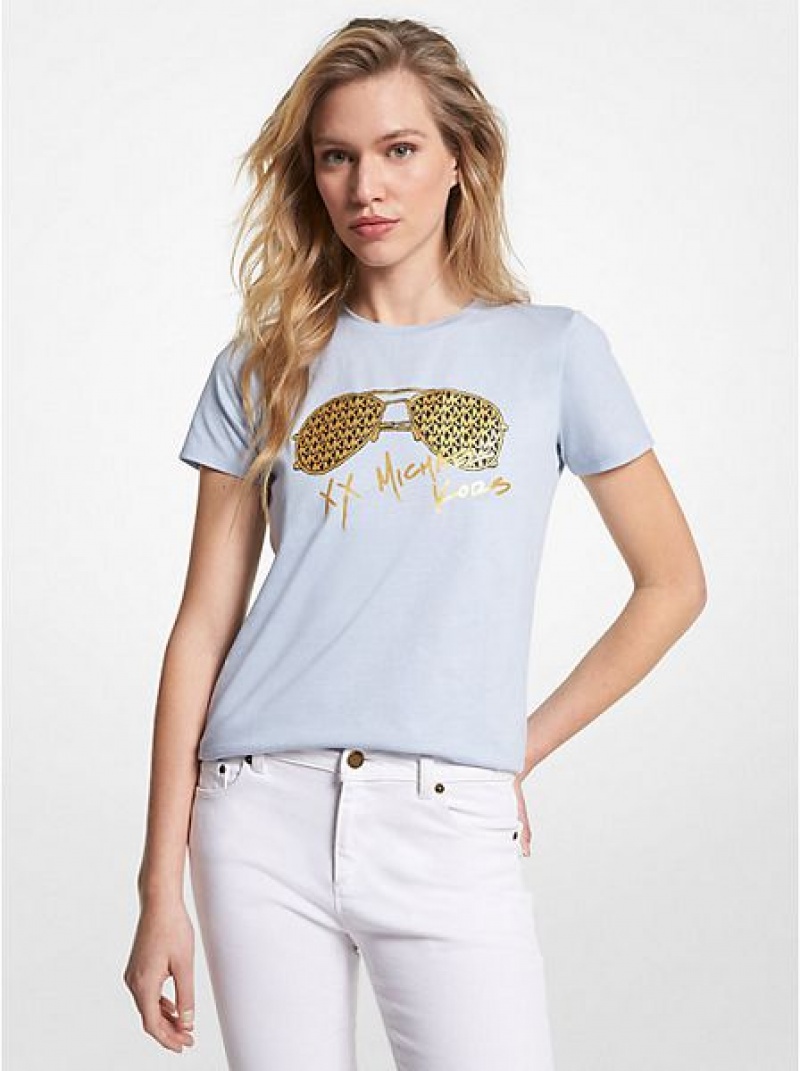 Camiseta Michael Kors Metallic Logo Aviator Print Organic Algodon Mujer Azules Doradas | 06279BVMY