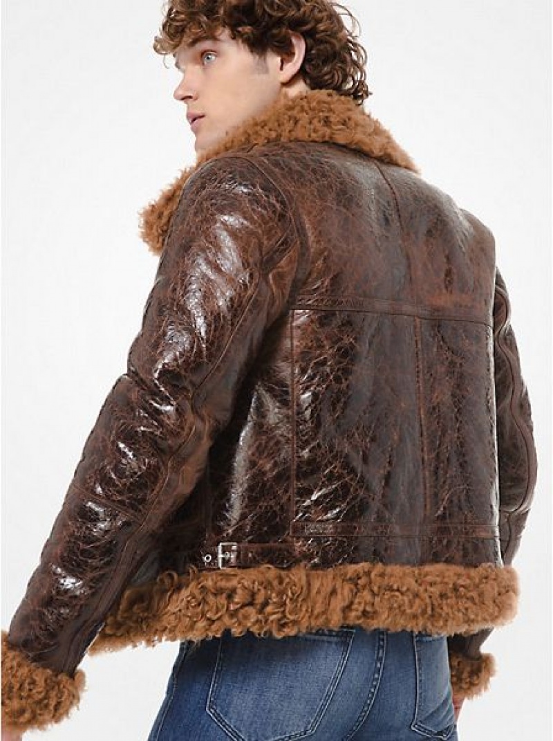 Chaquetas Michael Kors Distressed Charol Cuero Shearling Hombre Marrones | 32478UGNE