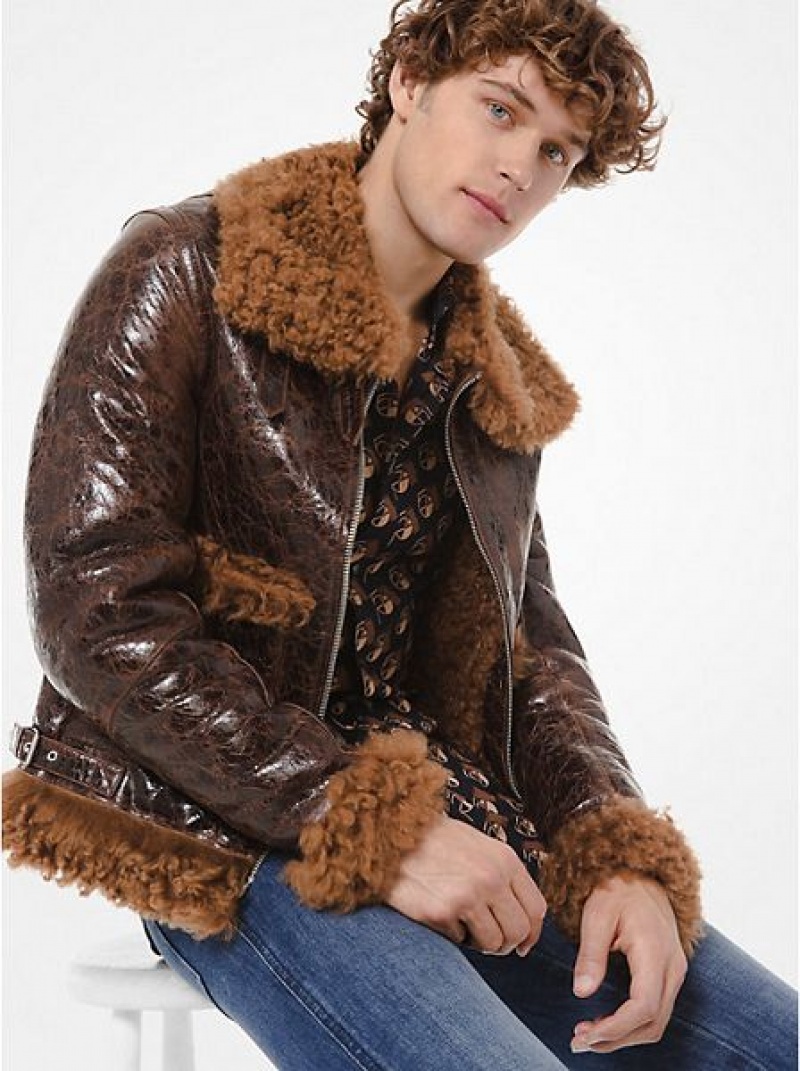 Chaquetas Michael Kors Distressed Charol Cuero Shearling Hombre Marrones | 32478UGNE