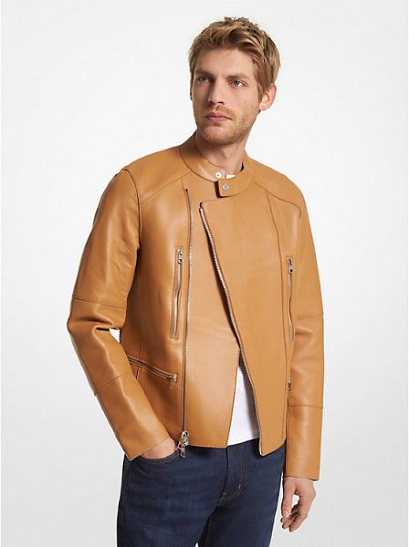 Chaquetas Michael Kors Nappa Cuero Moto Hombre Marrones | 60781YUWO