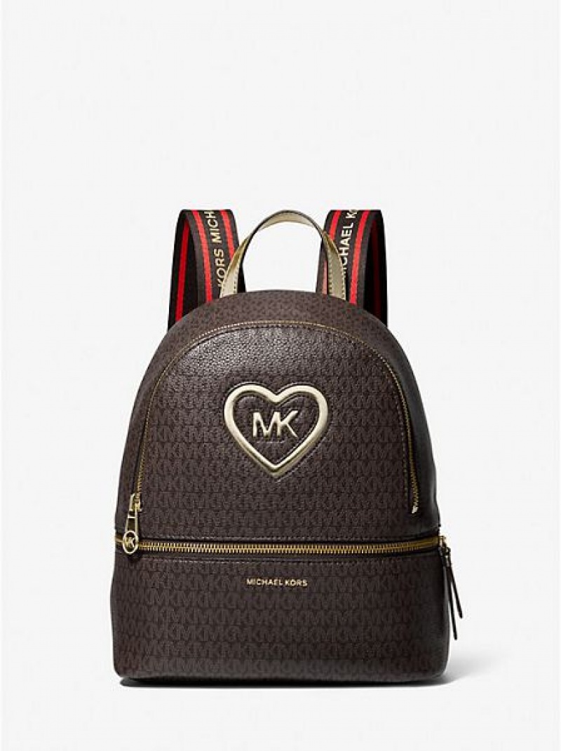 Mochila Michael Kors Logo Heart Coated Lona Niños Chocolate | 06489RAHU