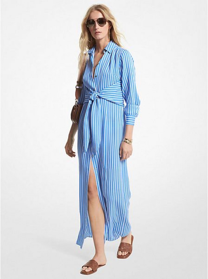 Pantalones Michael Kors A Rayas Georgette Tie-front Shirtdress Mujer Azules | 30147KXQY