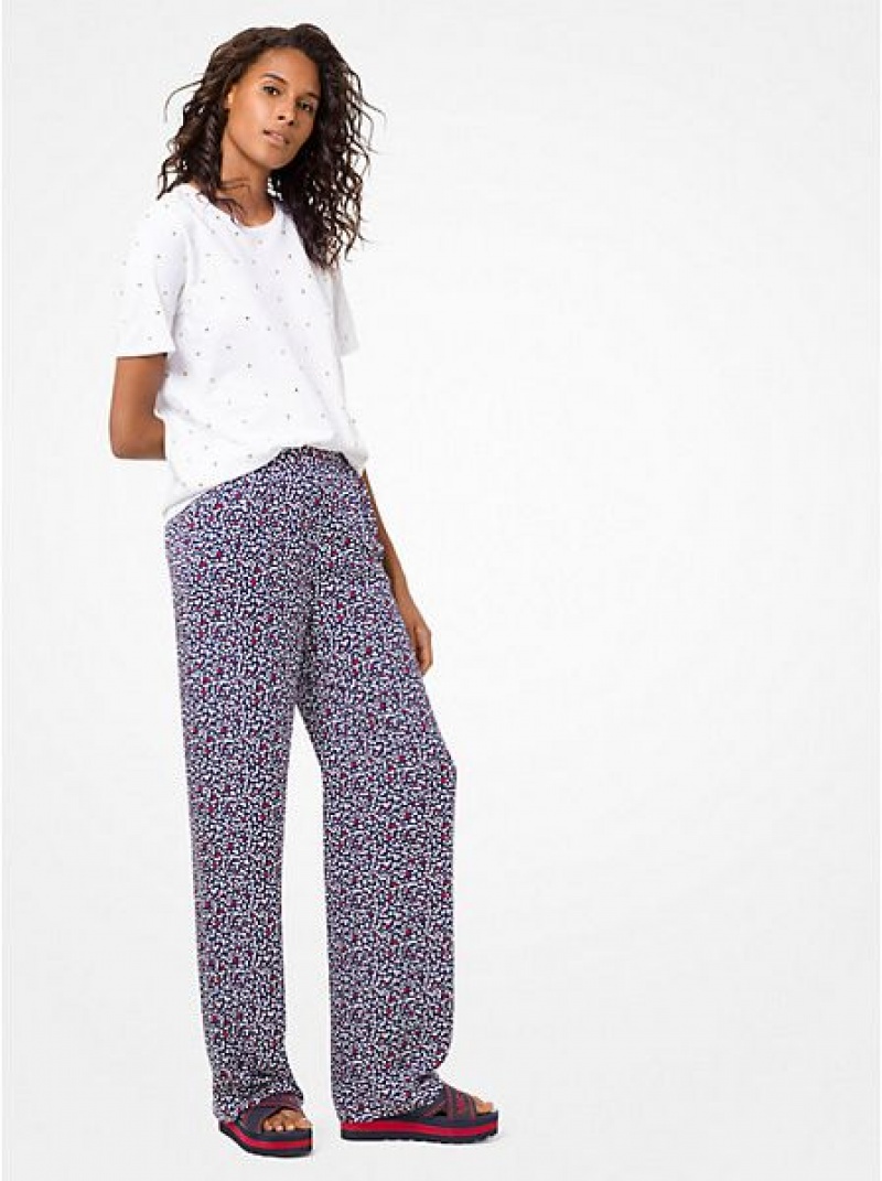 Pantalones Michael Kors Heart-print Silk-georgette Pajama Mujer Blancas Azul Marino | 16358WXSY