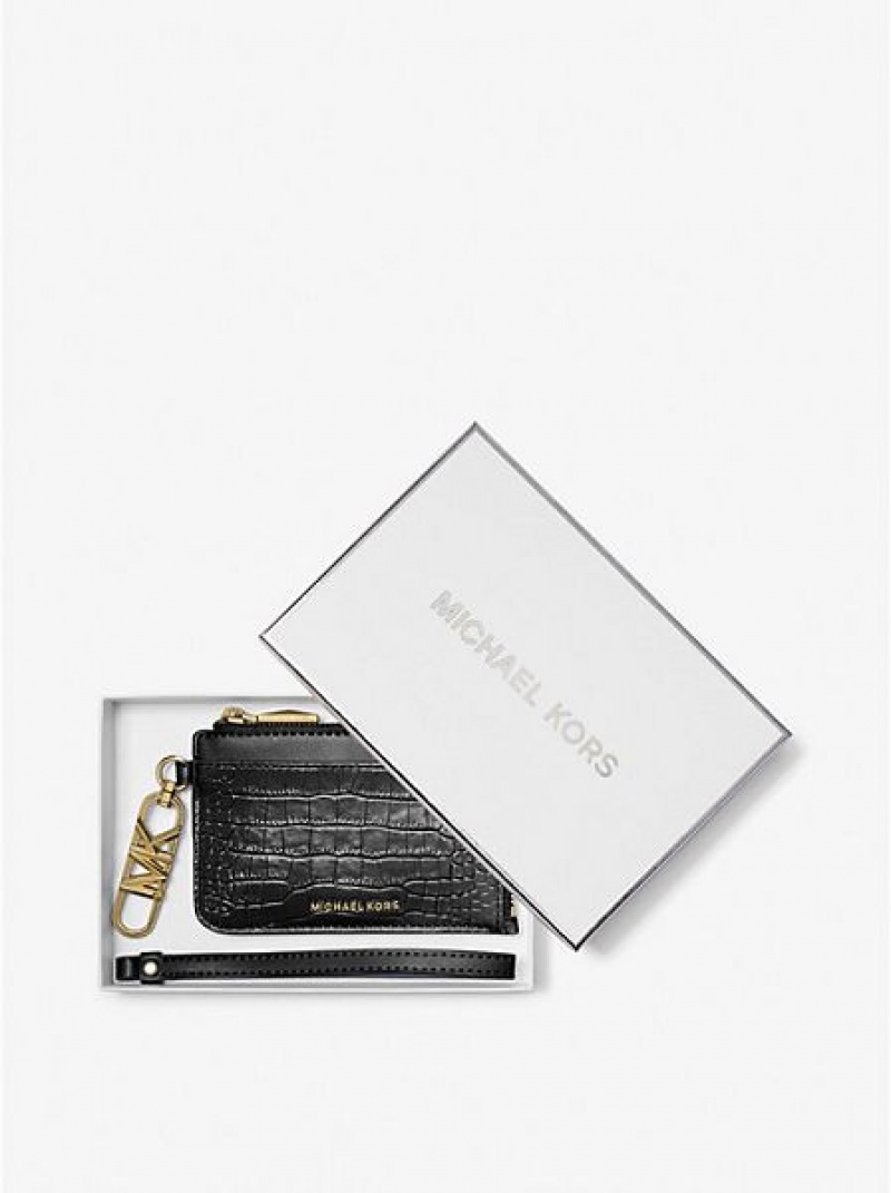 Porta Tarjetas Michael Kors Small Crocodile Embossed Cuero Zip Mujer Negras | 23479PLKG